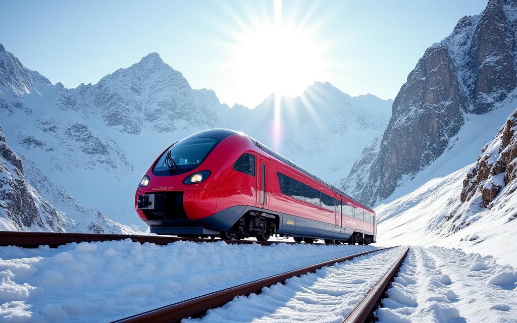 Modern train traveling along the Arlberg Line with snow-capped mountains in background