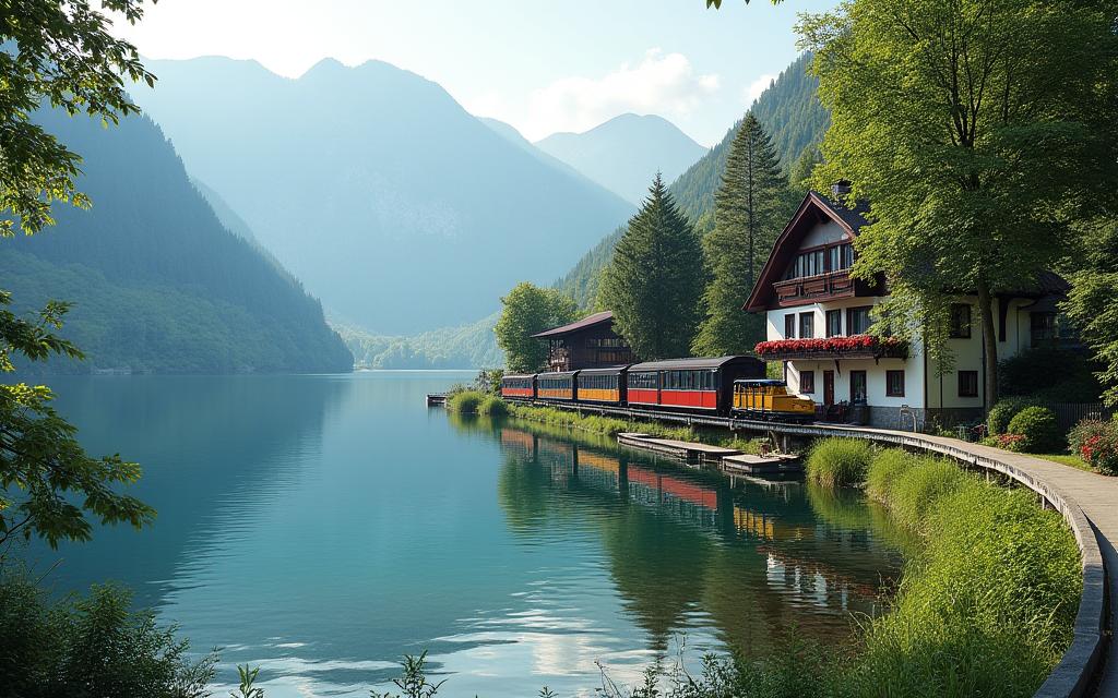 Small train station in the picturesque Salzkammergut lake district with clear water and mountains