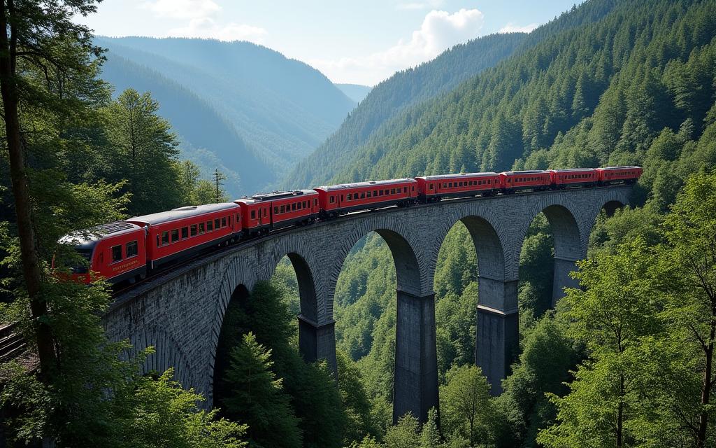 Historic Semmering Railway winding through a forested valley with viaducts