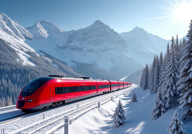 Train passing through snowy Arlberg mountains