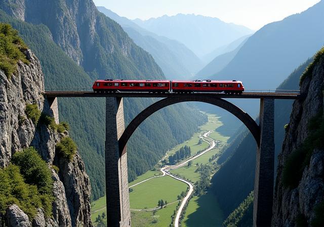 Train crossing a bridge over a valley in the Brenner Pass