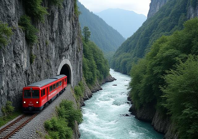 Train entering a tunnel in Gesäuse National Park