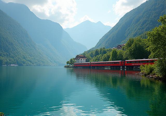 Scenic train next to a lake in Salzkammergut region