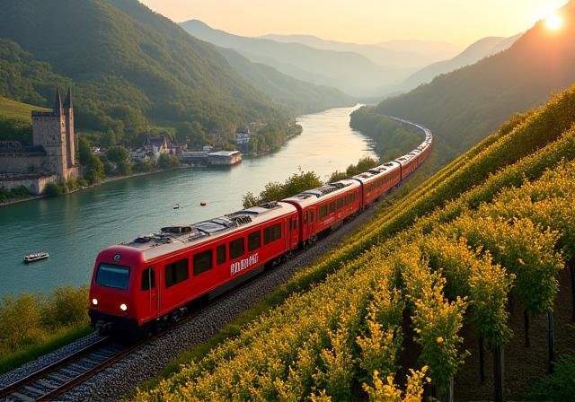Train in the Wachau Valley with vineyards and the Danube river